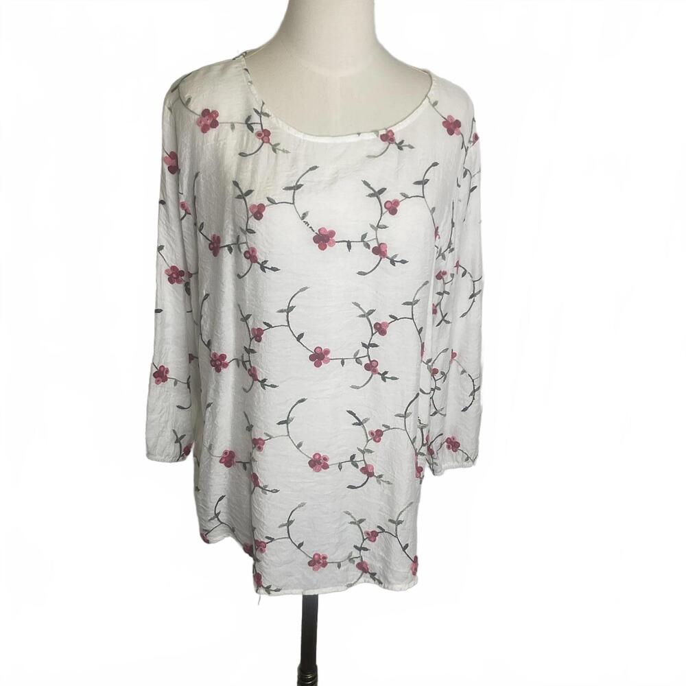 Kindred Women's Size XL Red White Floral Long Sleeve Top Shirt